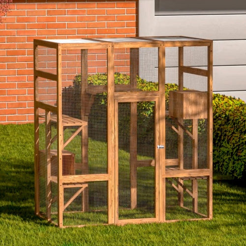 Outdoor Cat Enclosure, Large Wooden Cat Cage, Sun Roof, Perch, Sleeping Box, Pet Enclosure, Orange